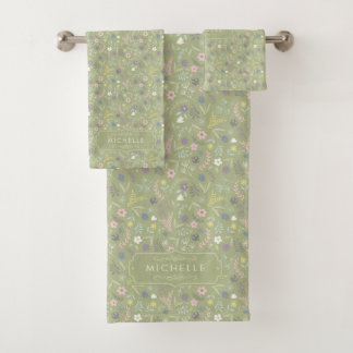 Conjunto De Toalhas Sage Verde Flores Rosa Branco Padrão Floral Boho