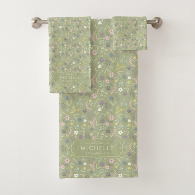 Conjunto De Toalhas Sage Verde Flores Rosa Branco Padrão Floral Boho (Insitu)