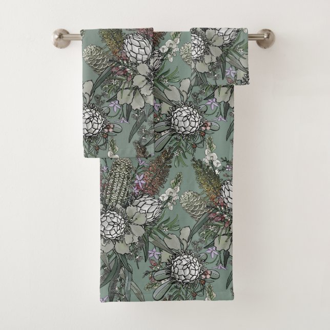 Conjunto De Toalhas Sage Wild Bush Flower Buquê - Protea & Grevillea (Insitu)
