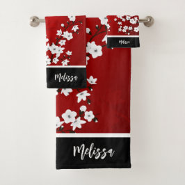 Conjunto De Toalhas Sakura Vermelho Preto Branco Monograma