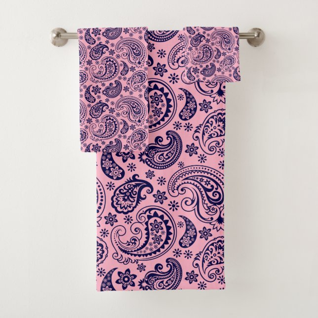 Conjunto De Toalhas Sala azul de vinheta em fundo rosa (Insitu)