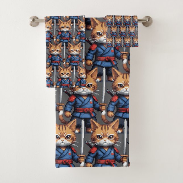 Conjunto De Toalhas Samurai Cat Pixel Art (Insitu)
