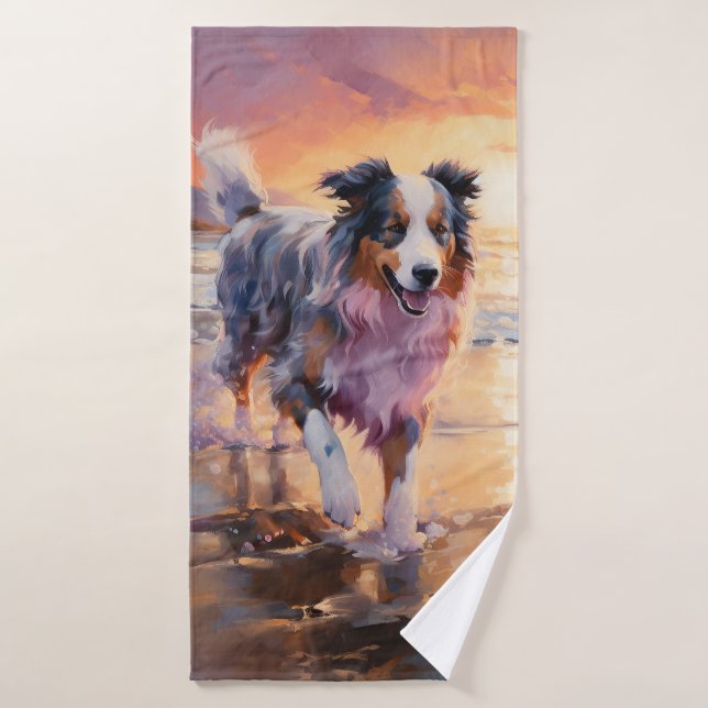 Conjunto De Toalhas Sandy Australian Shepherd Dog on Beach Sunset (Toalha de Banho)