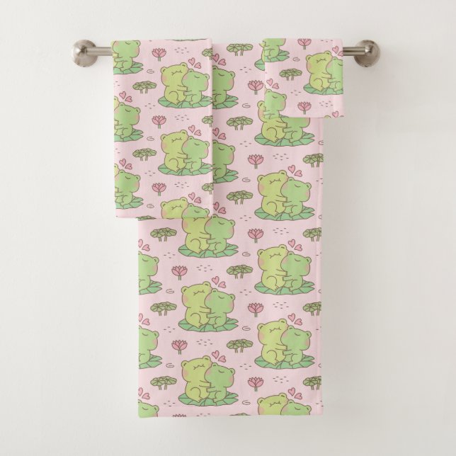 Conjunto De Toalhas Sapo Fofo Abraçando no Padrão Rosa de Amor (Insitu)
