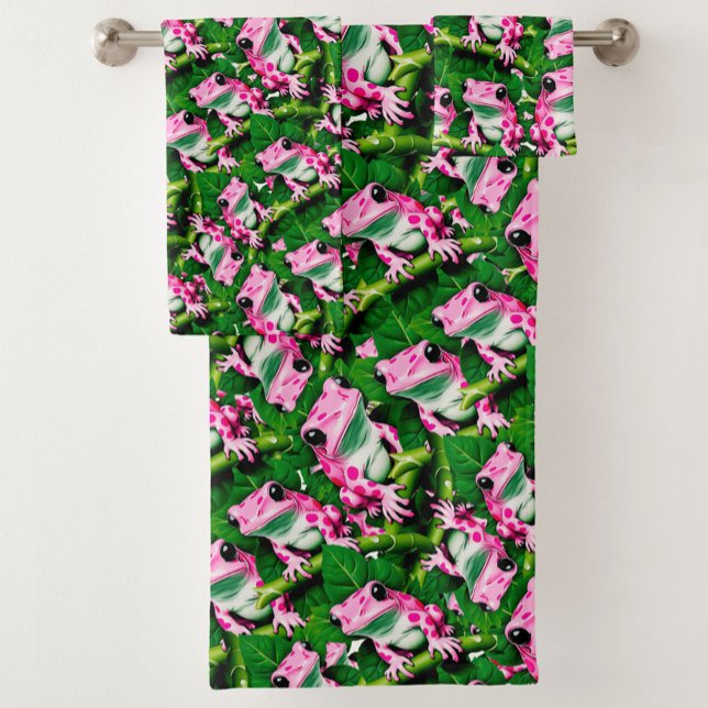 Conjunto De Toalhas Sapo Rosa No Padrão De Folha Verde Design (Criador carregado)