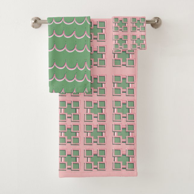 Conjunto De Toalhas Scallop and Checkered Pink Bath Towel Set (Insitu)