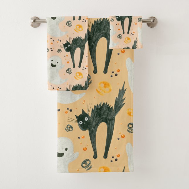 Conjunto De Toalhas Scareen Halloween Ghosts & Cats Bath Towel Set (Insitu)