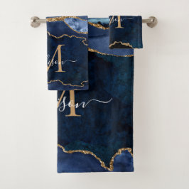 Conjunto De Toalhas Script de Monograma Azul Dourado do Marinho Geode 