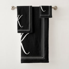 Conjunto De Toalhas Script de Monograma Branco Preto Elegante Moderno