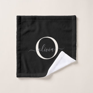 Conjunto De Toalhas Script de Monograma Branco Preto Elegante Moderno