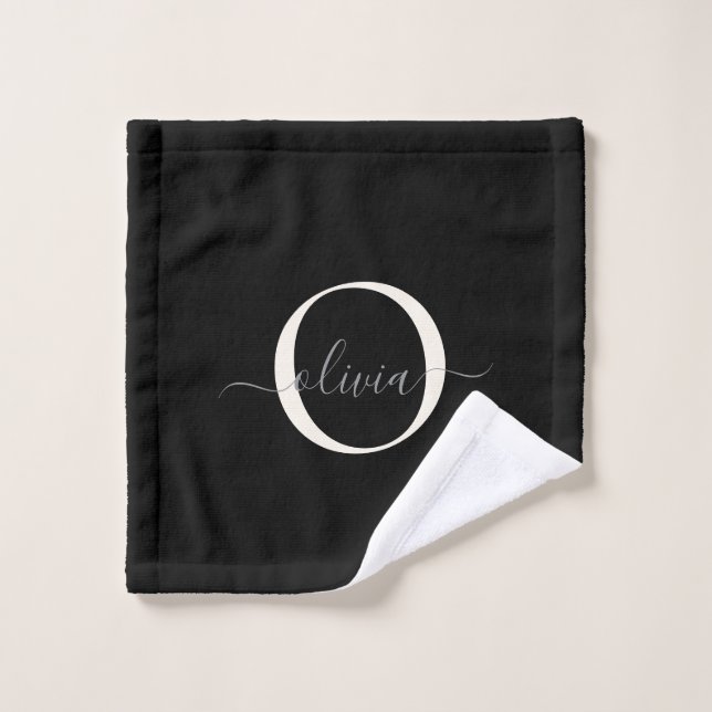 Conjunto De Toalhas Script de Monograma Branco Preto Elegante Moderno (Pano de lavar)