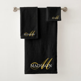 Conjunto De Toalhas Script de Monograma Dourado Preto Elegante Moderno