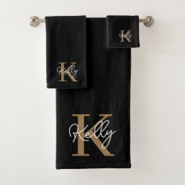 Conjunto De Toalhas Script de Monograma Dourado Preto Moderno
