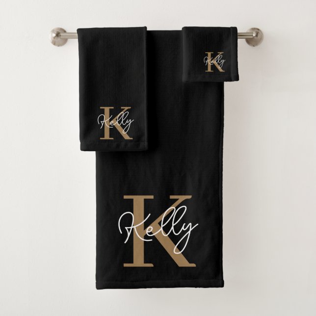 Conjunto De Toalhas Script de Monograma Dourado Preto Moderno (Insitu)