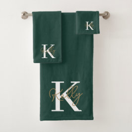 Conjunto De Toalhas Script de Monograma Verde Moderno Emerald