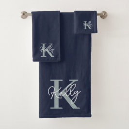 Conjunto De Toalhas Script do Monograma Azul do Marinho Moderno