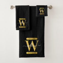 Conjunto De Toalhas Script Moderno do Monograma Dourado e Preto Elegan