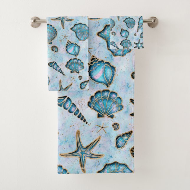 Conjunto De Toalhas Seashells Starfish Watercolor Opal ID782 (Insitu)