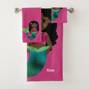 Conjunto De Toalhas Sereia africana personalizada do preto da folha do