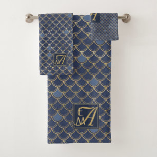 Conjunto De Toalhas Sereia Escala Monograma Marinho Azul Dourado Casa