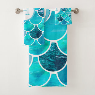 Conjunto De Toalhas Sereia escamoteia turquesa monograma azul-azul de 