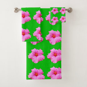 Conjunto De Toalhas Serenidade fetal: Hibisco rosa numa Canvas verde