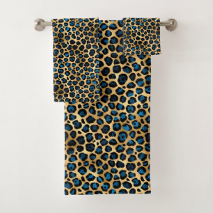 Conjunto De Toalhas Série Leopardo Azul e Dourada Design 4