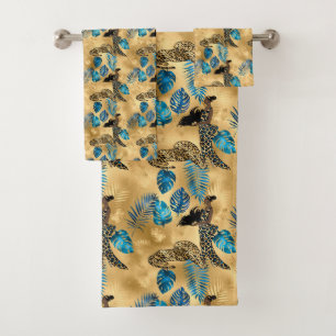 Conjunto De Toalhas Série Leopardo Azul e Dourado Design 7