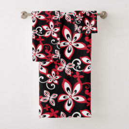 CONJUNTO DE TOALHAS SET ALOHA HAWAII (PRETO/VERMELHO) DE TORNO DO BANH