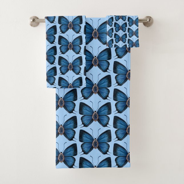 Conjunto De Toalhas Setembro Sapphire Blue Butterfly Patterfly Design (Insitu)