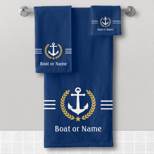 Conjunto De Toalhas Seu barco ou nome Anchor Dourado Laurel Stripes Ma