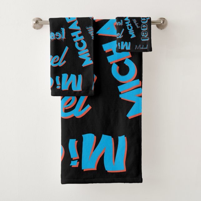 Conjunto De Toalhas Seu nome é padrão monograma azul preto (Insitu)