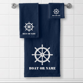 Conjunto De Toalhas Seu nome ou barco náutico náutico Navio Helm Blue