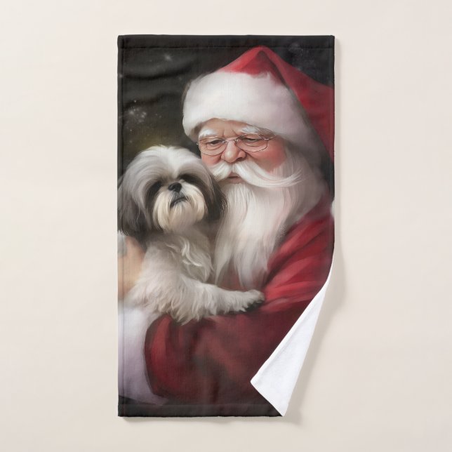 Conjunto De Toalhas Shih Tzu Com Papai Noel Natal Festivo (Toalha de mão)