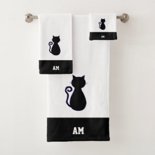 Conjunto De Toalhas Silhueta de gato & monograma em preto e branco Ban