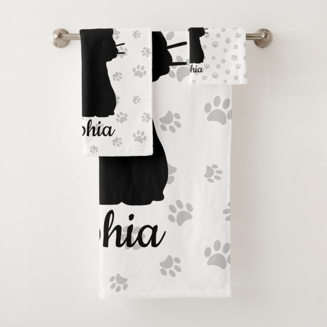 Conjunto De Toalhas Silhueta de Gato Preto Borboleta Rosa na Cauda e P (Insitu)