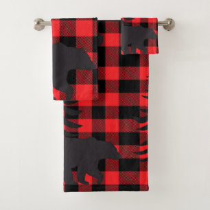 Conjunto De Toalhas Silhueta do Urso Negro Xadrez Vermelha