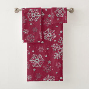 Conjunto De Toalhas Silver snowflakes on dark red