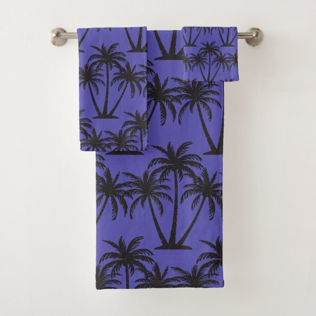 Conjunto De Toalhas Simples Palmeiras Pretas Botânicas em Azul (Insitu)