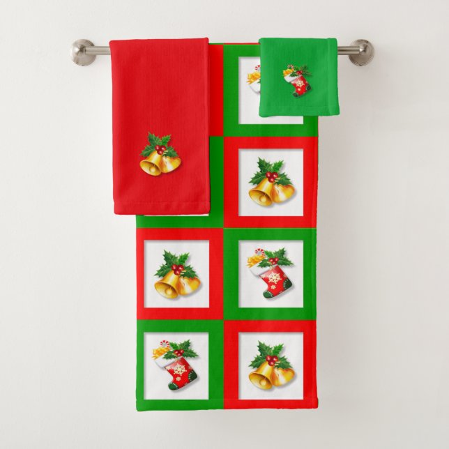 Conjunto De Toalhas Sinos de Natal e estocagem em verde, vermelho e br (Insitu)