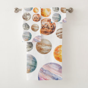 Conjunto De Toalhas Sistema Solar em Aquarela Planetas Espaço Sideral