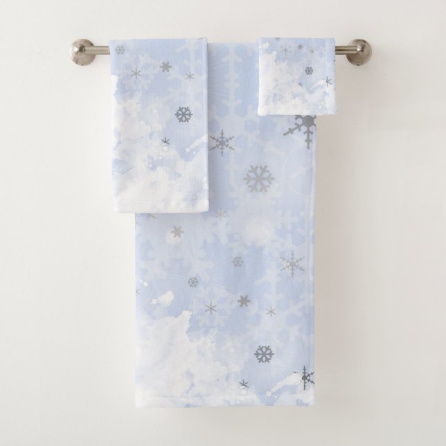 Conjunto De Toalhas Snowflakes faux metal em cor pastel azul (Insitu)