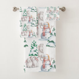 Conjunto De Toalhas Snowman Rabbits Árvores Neve Aquarela Natal 