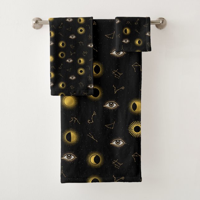 Conjunto De Toalhas Sol Celestial Dourado Negro e Lua (Insitu)