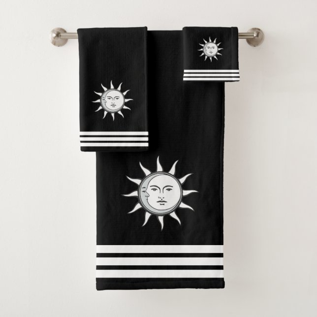 Conjunto De Toalhas Sol Lua Personalizado e Três Listras em Preto (Insitu)
