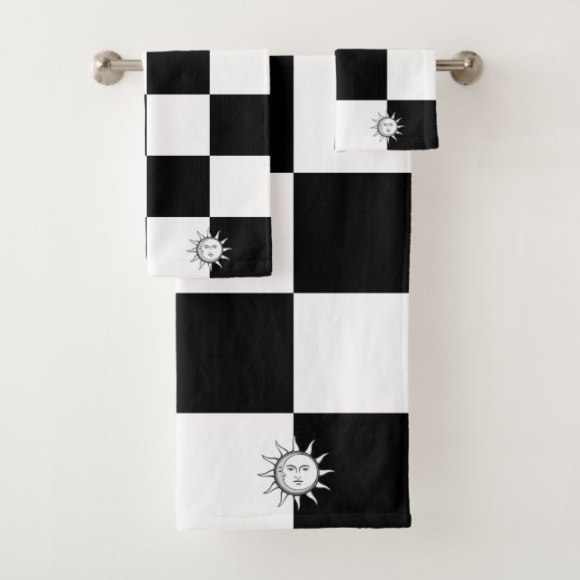 Conjunto De Toalhas Sol Personalizado em Xadrez Preto e Branco (Insitu)