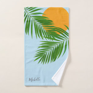 Conjunto De Toalhas Sol Tropical Retro Folhas de Palmeira Azul Nome Mi