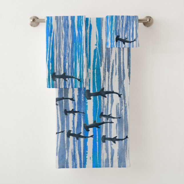 Conjunto De Toalhas Sombras de Azul, Cinzas e Stripes Brancas e Tubarõ (Insitu)