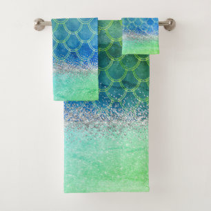 Conjunto De Toalhas Sonho Azul Sereia Verde Sereia Glittery Bling