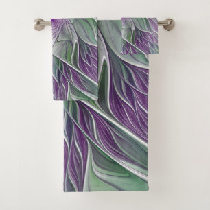Conjunto De Toalhas Sonho de Flor, Arte Fractal Verde Abstrato púrpura